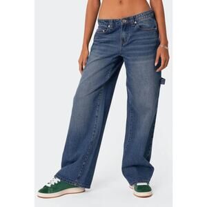 Edikted 100% Cotton Low Rise Denim Wide Leg Carpenter Jeans Blue Women's Size M